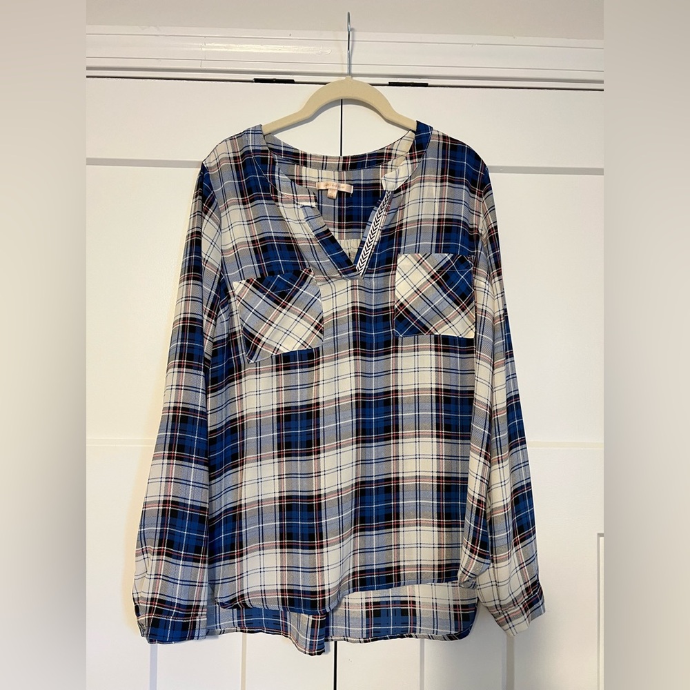 Skies are Blue Blue and White Plaid Long Sleeve Shirt